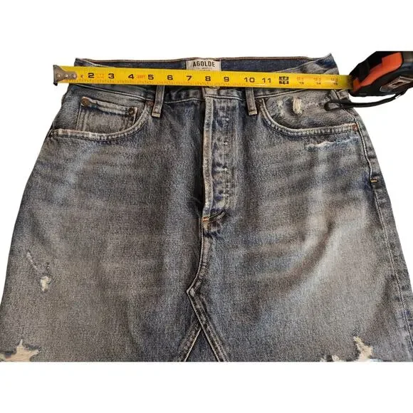 AGOLDE Distressed Denim Mini Skirt Raw Hem Y2K High Rise Festival Size 27 - Picture 3 of 9